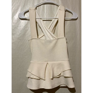 Bebe Womens Peplum Top Off White Textured Criss Cross Back Square Neck USA XS